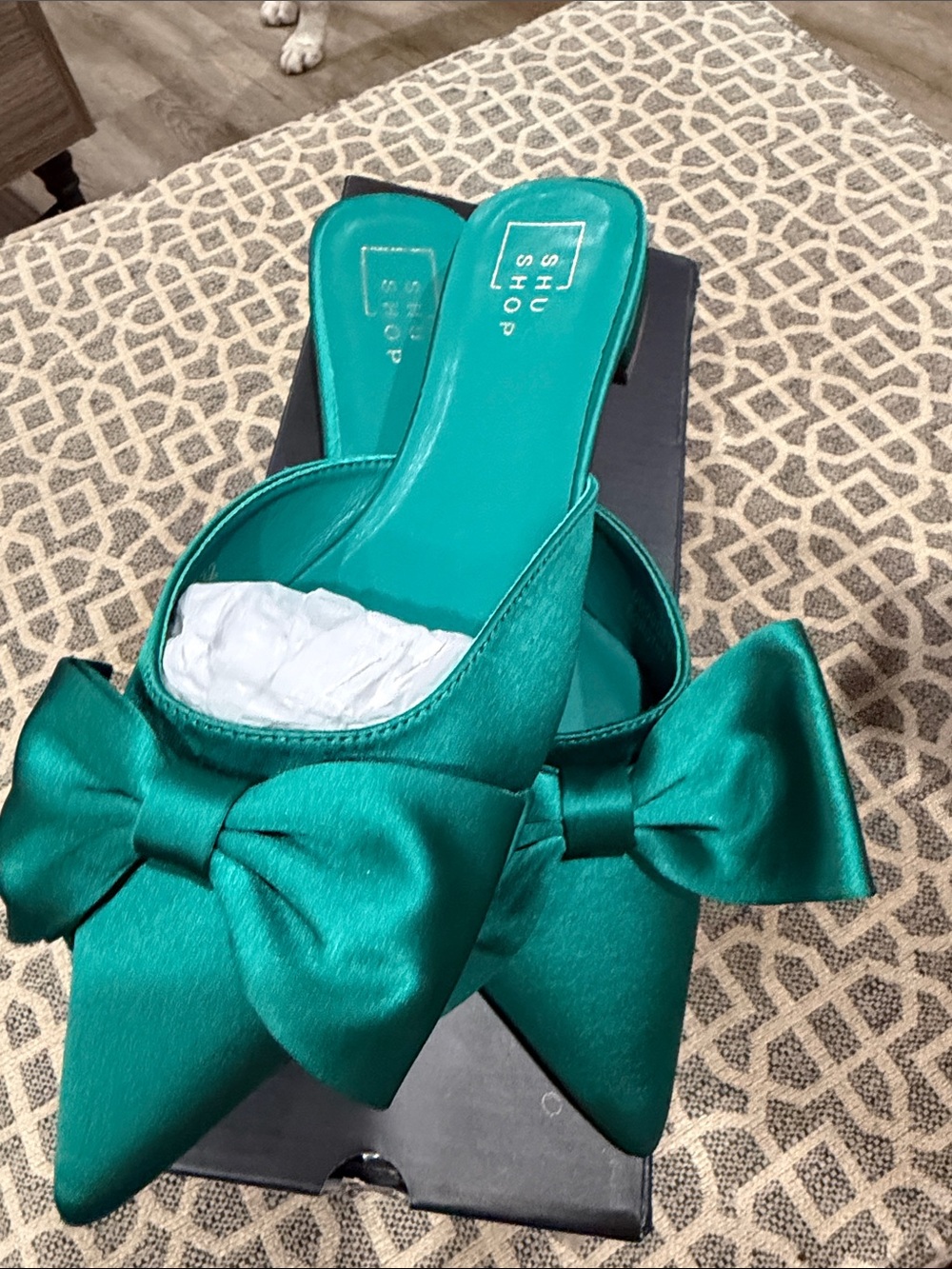 ShuShop Teal Satin Pointed Bow Mules